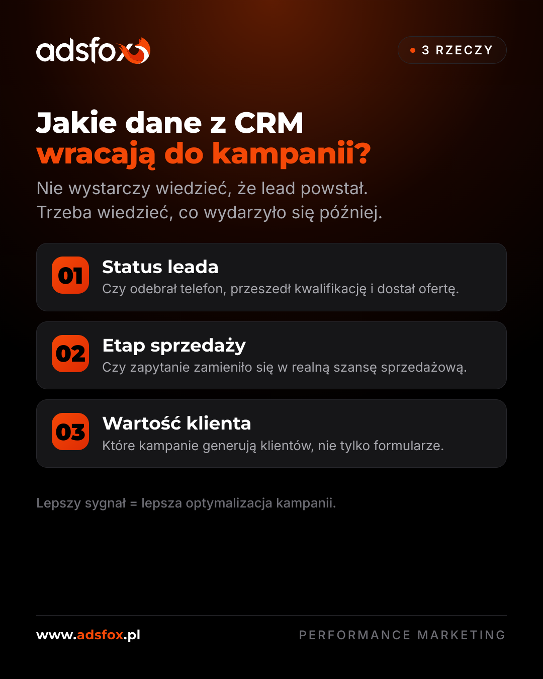 Lista danych z CRM, które powinny wracać do kampanii reklamowych