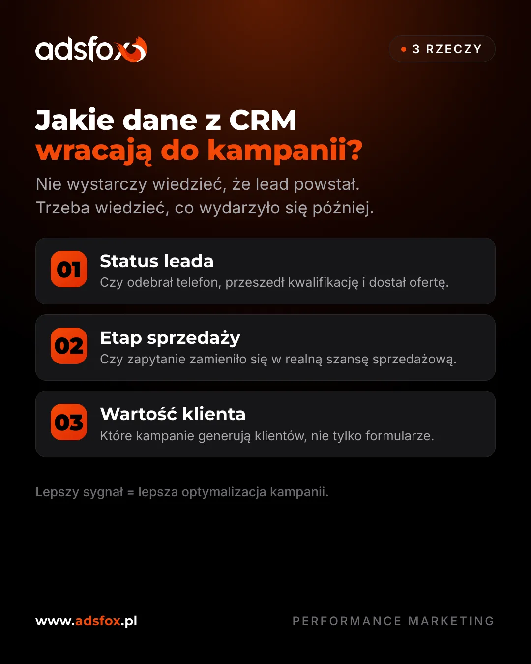 Lista danych z CRM, które powinny wracać do kampanii reklamowych
