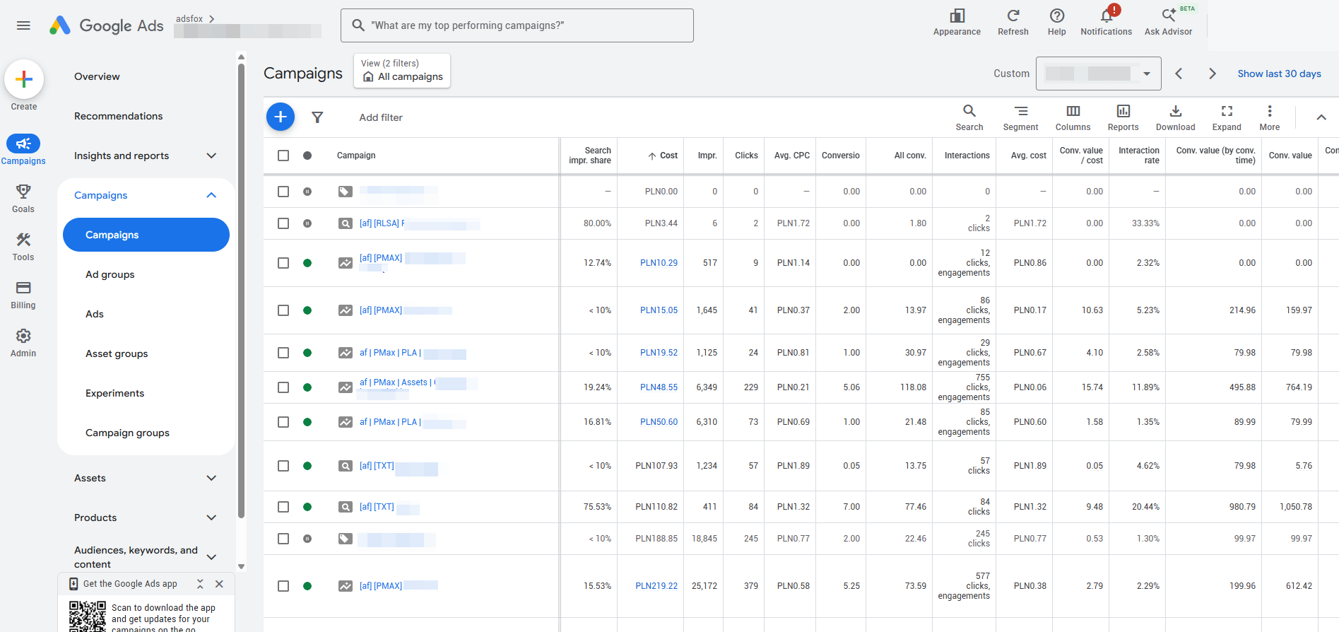 Oryginalny zrzut Google Ads z wcześniejszego okresu, pokazujący strukturę kampanii sklepu z biżuterią