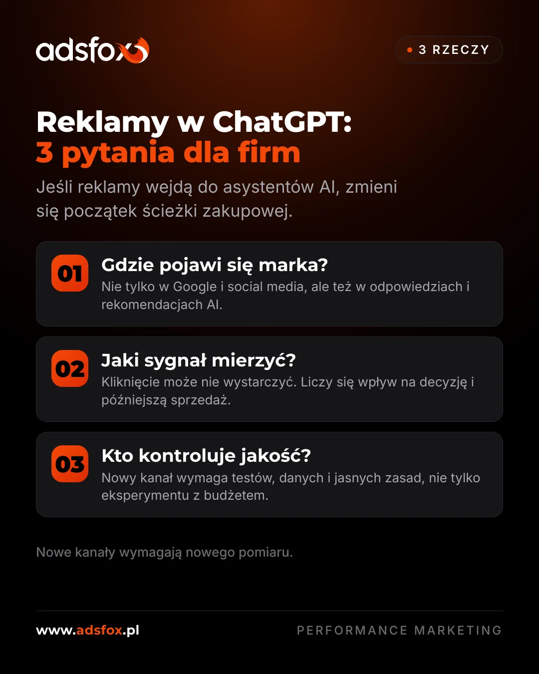 Slajd pokazujący trzy pytania dla firm przy reklamach w ChatGPT