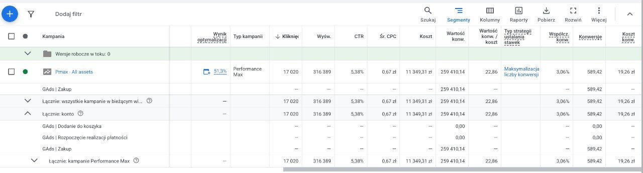 Oryginalny zrzut z Google Ads Performance Max pokazujący 17 020 kliknięć, koszt 11 349,31 zł, wartość konwersji 259 410,14 zł i zwrot 22,86