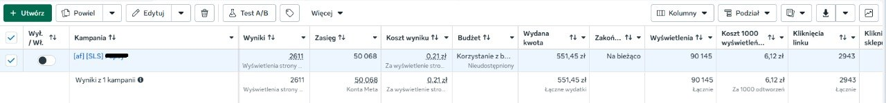Oryginalny zrzut z panelu Meta Ads pokazujący kampanię z celem wyświetlenia strony: 2611 wyników, koszt 0,21 zł, zasięg 50 068 i wydatki 551,45 zł
